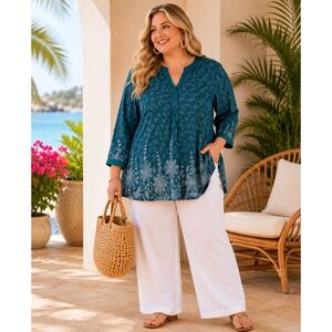 Timeson Womens XXL Teal Blue Floral Mesh Overlay V-Neck 3/4 Sleeve Tunic Blouse
